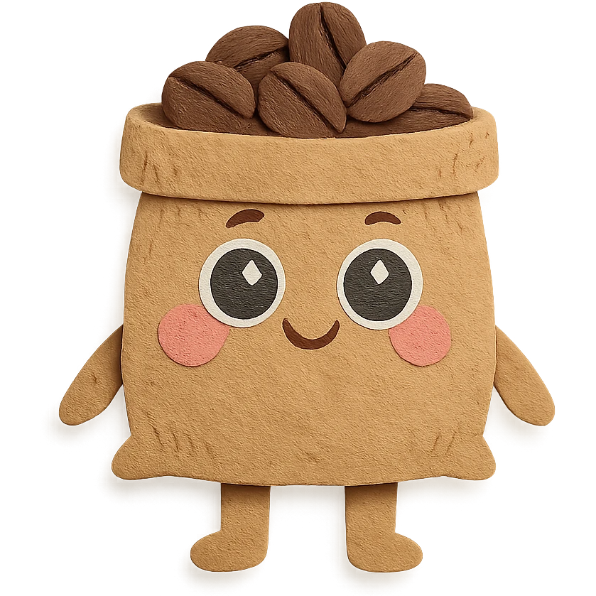 burlap coffee bean bag, full body, big sparkling eyes, soft pastel hand-drawn style emoji