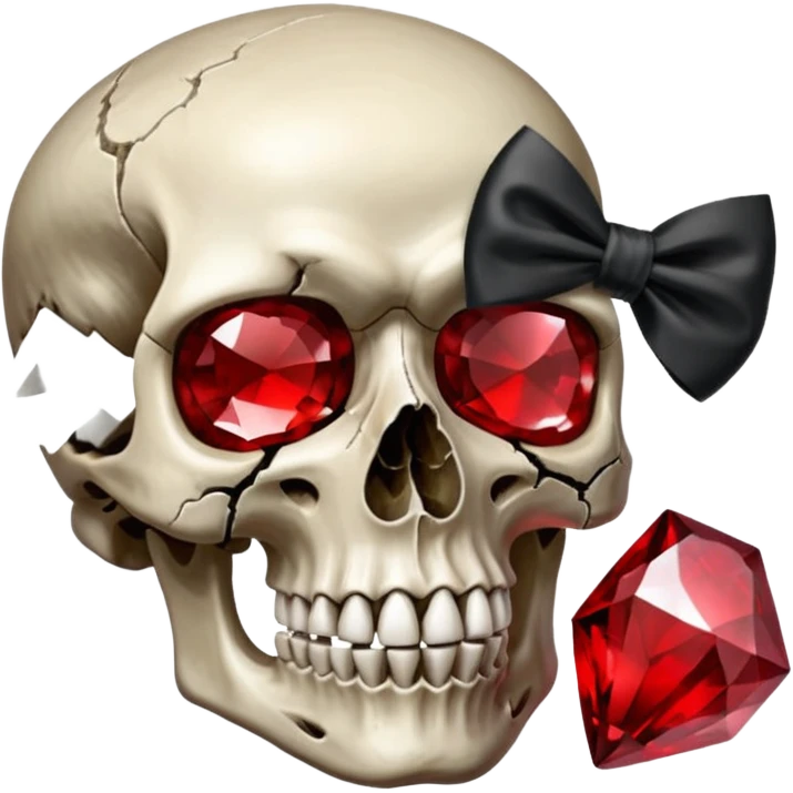 make me a red crystal skull partly see thew super gem like make it realistic and held together by a big black bow super realistic skull cracking all over the eyes are black and rotting  emoji