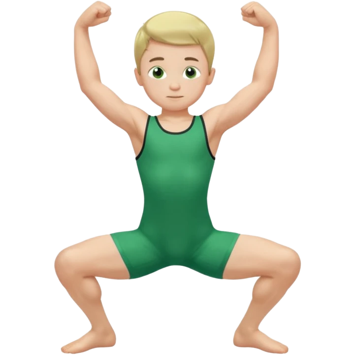 Little boy in a green sleeveless u-neck legless leotard flexing his arms and bending his knees emoji