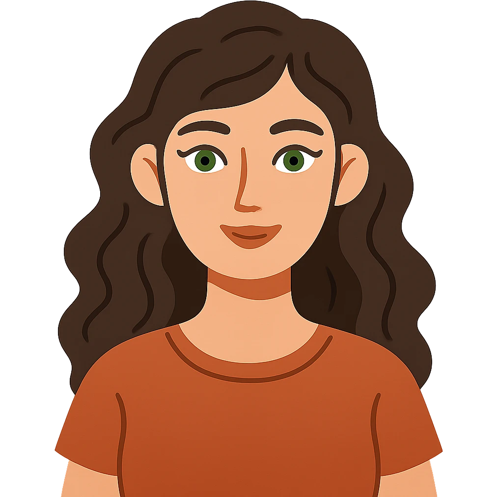 flat toon style woman with wavy dark brown hair and green eyes emoji