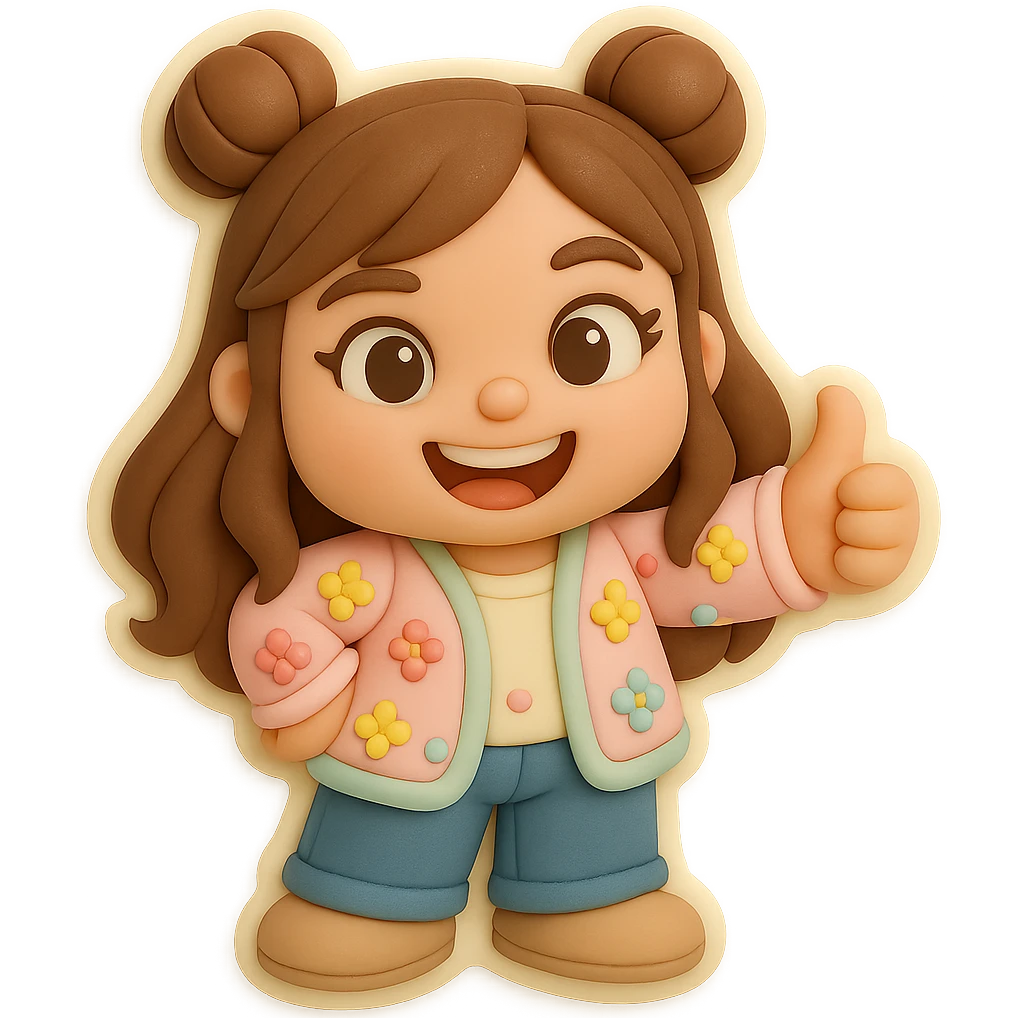 3D chibi fondant cake art style, high-quality rendering with smooth shadows and soft gradients. Girl based on reference image, preserving facial features and eye shape exactly as in the 'thumbs down' sticker. Long brown hair in two space buns, brown eyes, jeans, pastel floral cardigan, shoes. Thumbs up, big open smile. Thick white outline like a sticker, transparent background. Ensure the face, hairstyle, eye shape, and shoes match the reference exactly. emoji