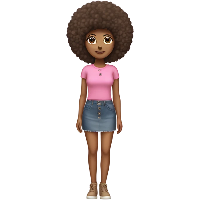 Tan girl with Afro and pink button top and jean skirt full body emoji