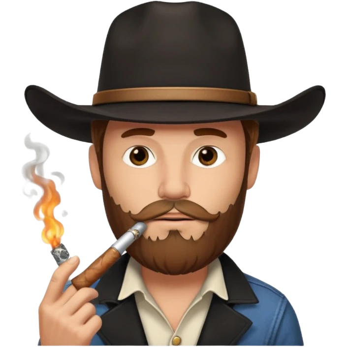 White cowboy with brown beard and black hat smoking a stogie emoji