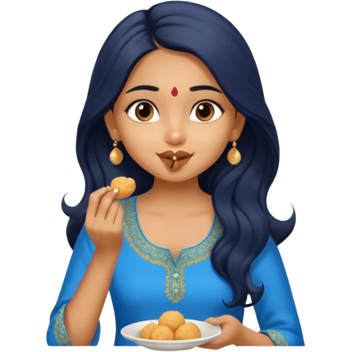 a pretty tan indian bratz girl. eyeliner on, wearing a blue kurti, eating golgappa. NO SPOON. wavy long BLACK coloured hair emoji