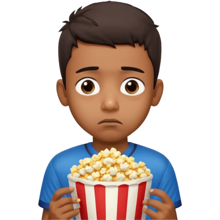 an indian boy wearing INDIAN cricket jersey and eating popcorn and looking sad emoji