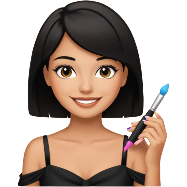 black short shoulder length hair tanned woman, black dress doing girly things emoji