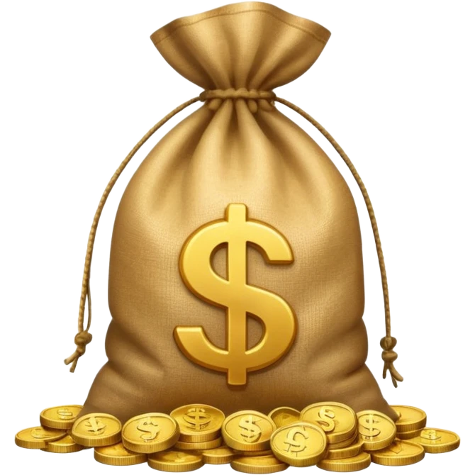 sack of money with a play icon printed on it, no dollar sign, coins stacked beside emoji