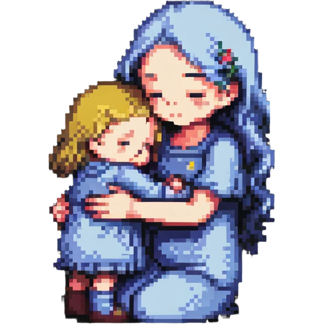 mother hugging a sad child, small canvas, clear emotion emoji