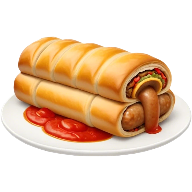 cinematic-realistic-sausage-roll-dish-emoji,-depicted-with-a-crisp,-golden-pastry-wrapped-around-flavorful-sausage,with a squeeze of tomatoe sauce on top emoji