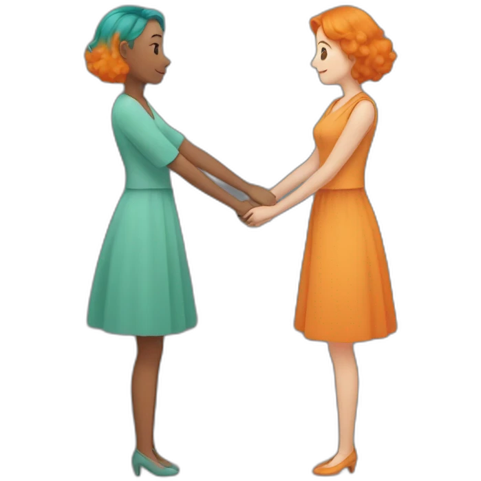 two women holding hands, one with medium length orange hair, one with short teal hair emoji