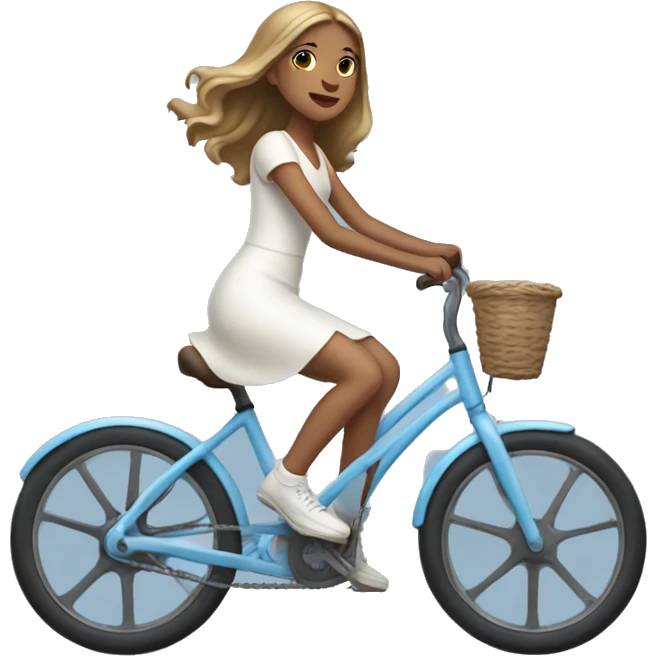 Girl riding very light blue bike, she is wearing white dress, she has long light brown hair and light skin emoji