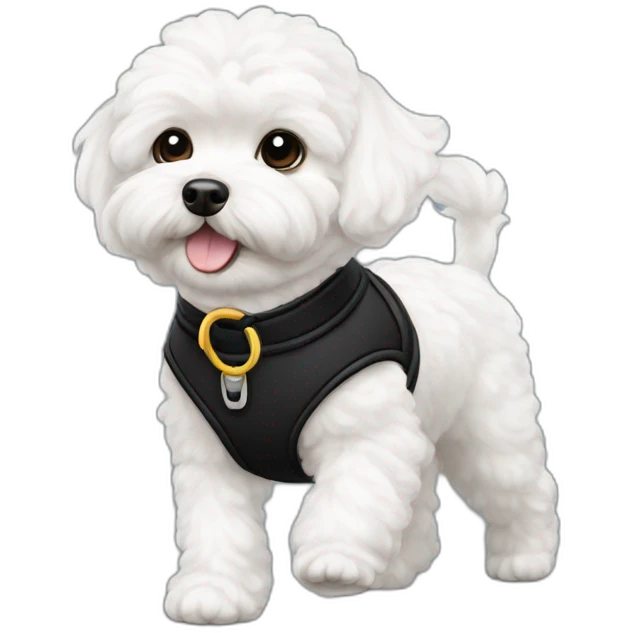 White maltipoo walking with black collar emoji