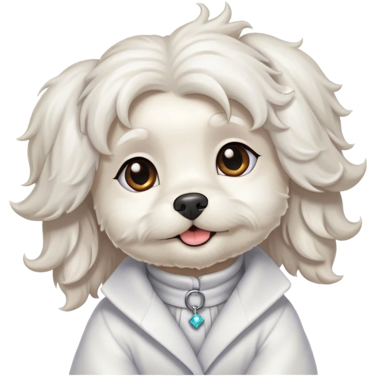 Cinematic Cute Wavy-Haired Maltese Portrait Emoji, Head tilted playfully and inquisitively, featuring a luxurious, wavy-haired white coat with a healthy sheen, round, sparkling dark eyes filled with curiosity, Simplified yet irresistibly adorable features, highly detailed, glowing with a warm, friendly glow, high shine, affectionate and lively, stylized with a touch of whimsy, bright and endearing, soft glowing outline, capturing the essence of a mischievous yet loving companion, so playful it feels like it could scamper out of the screen and into your arms! emoji