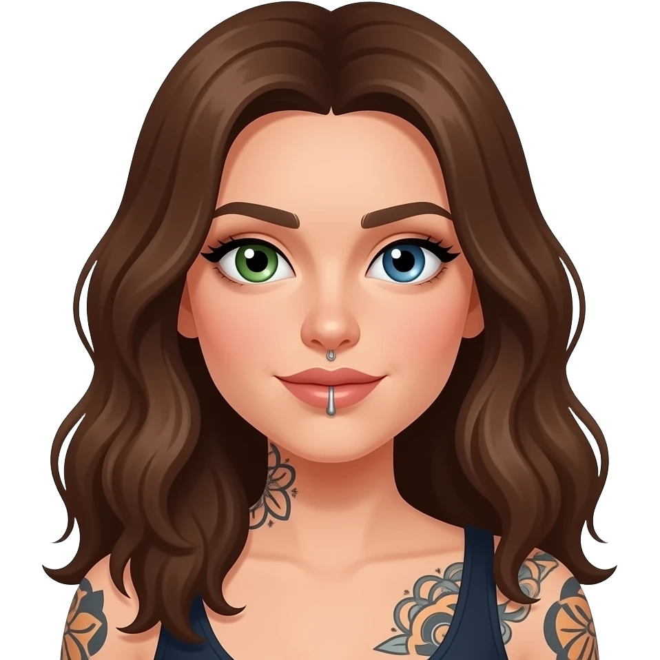 white long wavy haired brunette woman with one green eye one blue eye tattoos a philtrum piercing and a thin streak of grey hair emoji