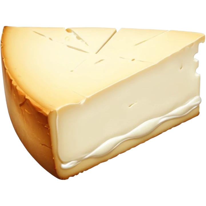soft brie cheese wedge, creamy off-white center, white bloomy rind, smooth slightly oozing near edge, thick velvety crust, soft rich core, no extras, soft lighting, subtle shadows, emoji scale emoji