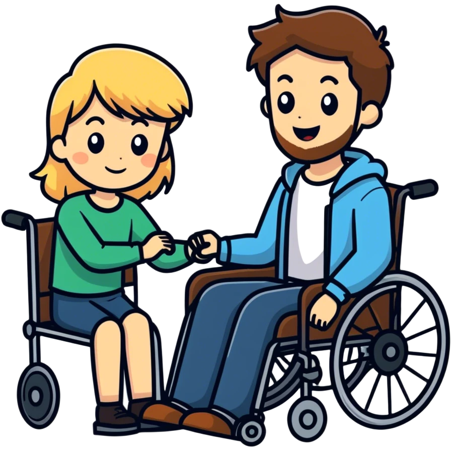 Single Brown haired Boy in wheelchair with a beard with single long blonde haired mom pushing emoji