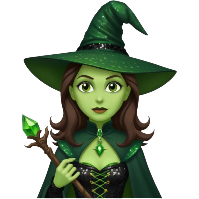 The Wicked Witch from Oz with long brown hair, green skin, black sequin outfit emoji