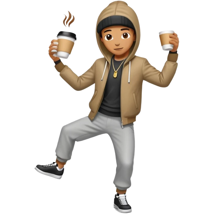 Breakdancing figure with a coffee cup for a head emoji