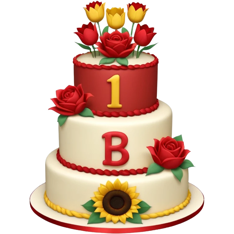 A large three teir cake with first mayer decorated with roses, second with Sunflowers and third with Tulips and Happy Birthday Dear written on top. emoji