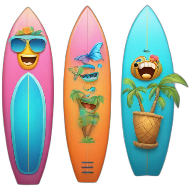 A surfboard Cartoon Blue and orange tiki smiling with butterfly and and Cartoon Blue and pink tiki singing with butterfly and mikrophone emoji