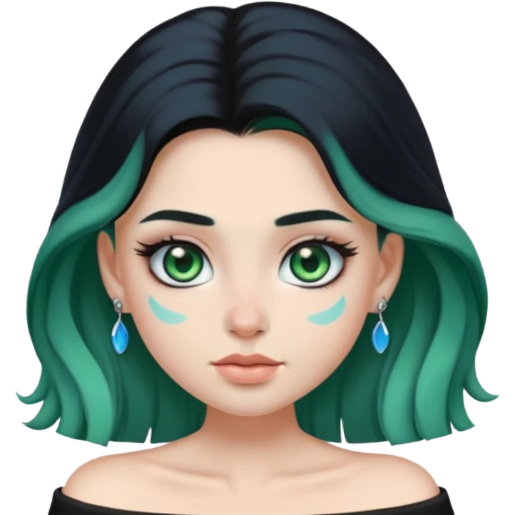 a soft, dolllike emoji girl with light sage green skin and big green-blue eyes, long black hair that swoops gently at the ends, a tiny silver nose stud and a eyebrow piercing on the left side. off the shoulder black top that shows her collarbones emoji