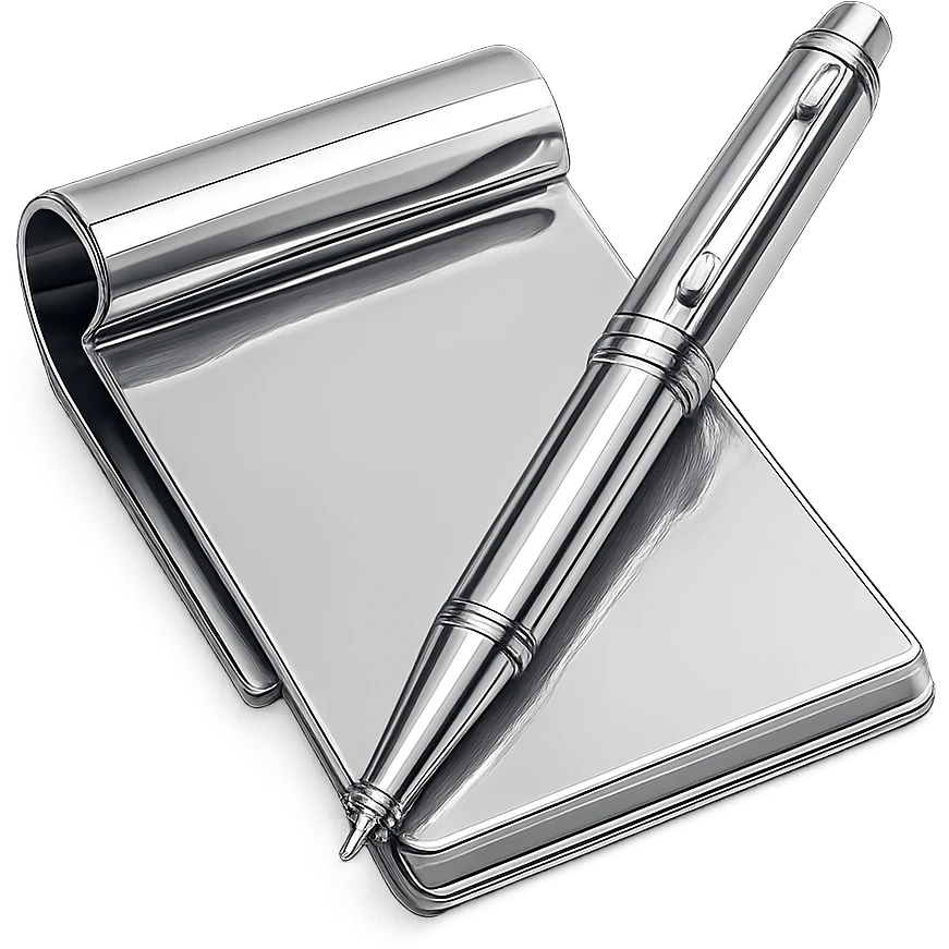 abstract chrome composition of a paper and pen, radiant and polished emoji