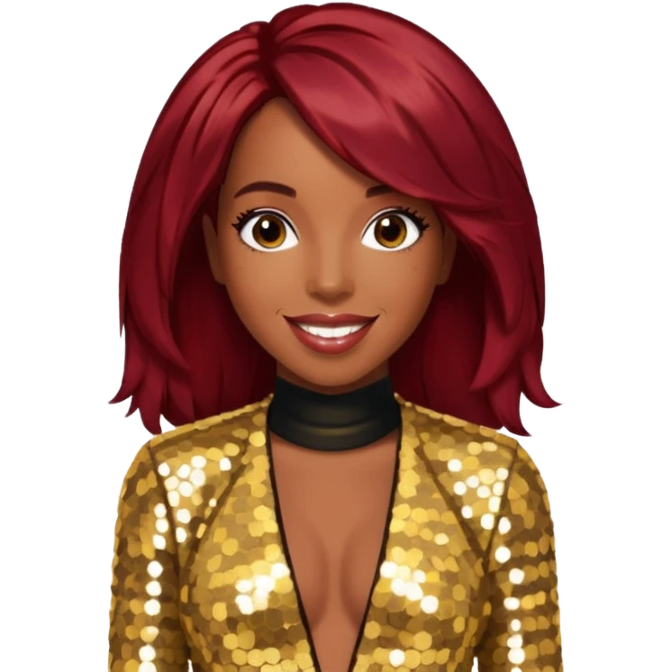 Kelly Rowland from Destiny's Child with dark red hair, gold sequin outfit emoji