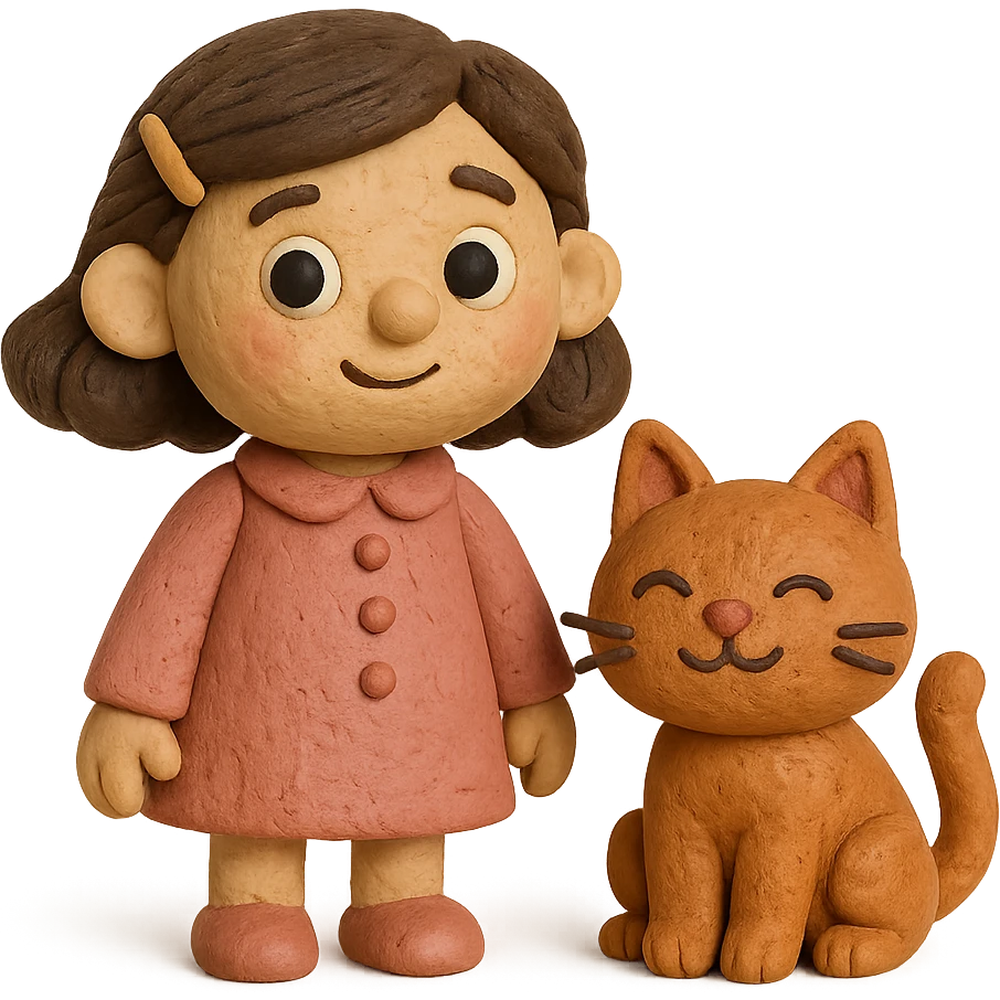 claymation style character with dark brown hair clipped back with a hairpin, sweet eyes, pink outfit, cat friend emoji