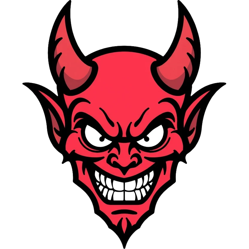Scary red devil with horns, evil grin, and menacing eyes emoji