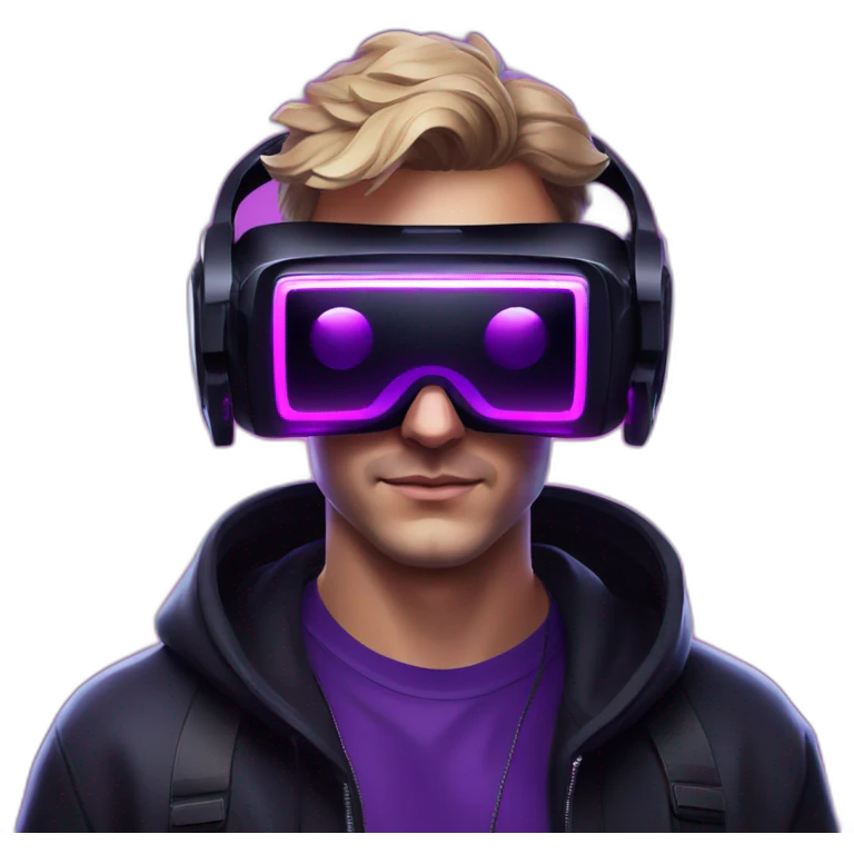 Russian man in the black hoody with violet OMG VR logo on it wearing vr headset oculus quest 2. Cyberpunk style. Violet neon. emoji