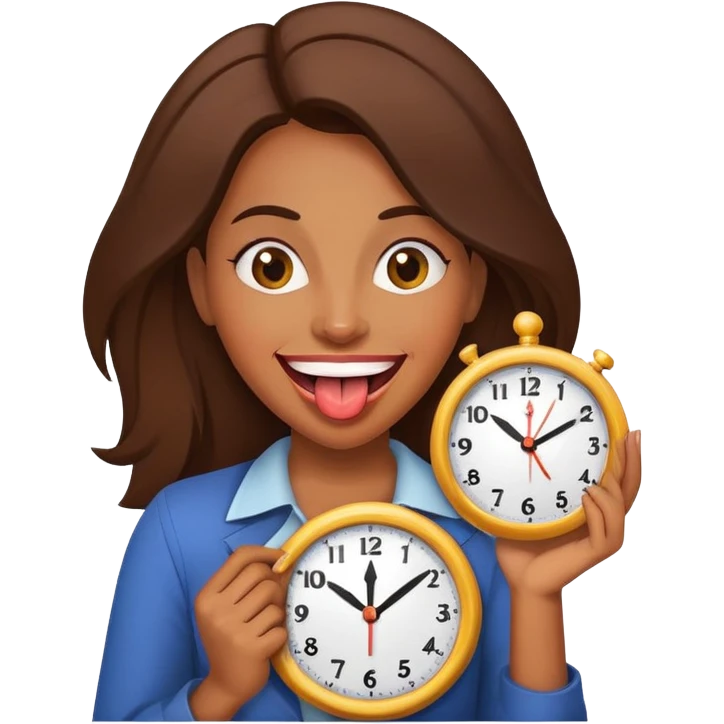 Brown woman sticking out her tongue holding a clock emoji