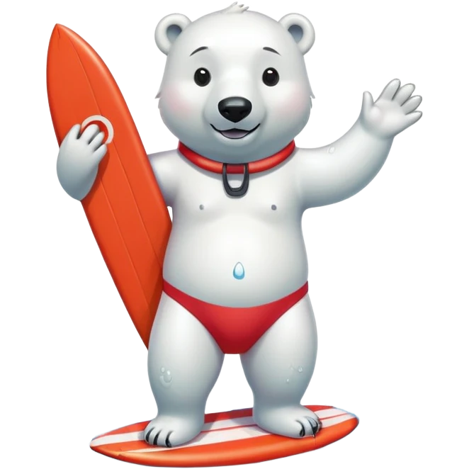 full body friendly anthropomorphised polar bear smiling, wearing colorful swim suit and long board shorts below the knee, scuba goggles, holding red and white life buoy, standing in small puddle emoji