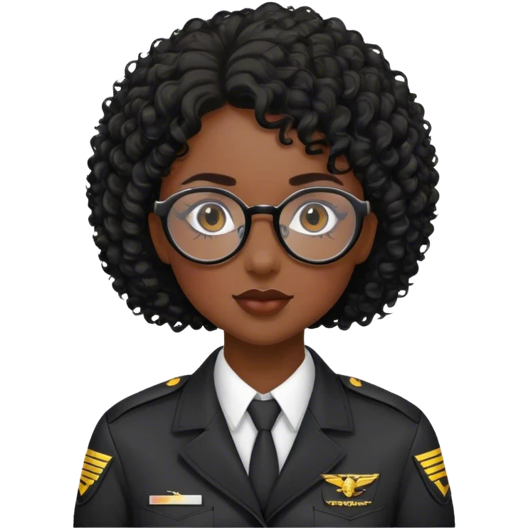 femme pilote d'avion en uniforme noir aux cheveux bouclés noir et petites lunettes arrondis  emoji