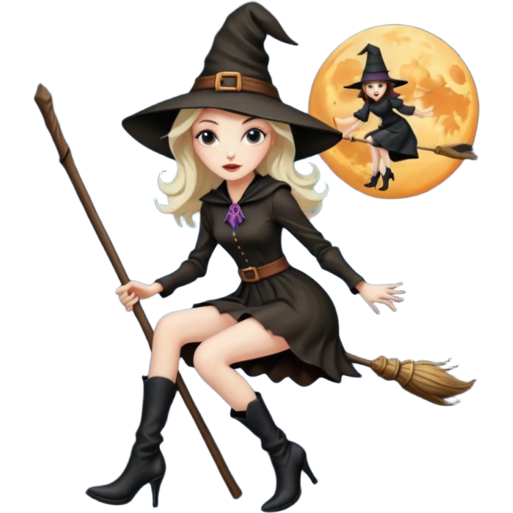 Tall thin witch on a broomstick wearing very high heeled boots emoji