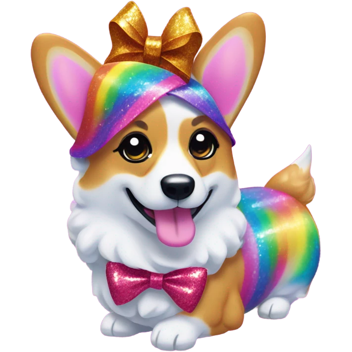 Lisa frank rainbow glitter corgi with ribbon bow on head emoji