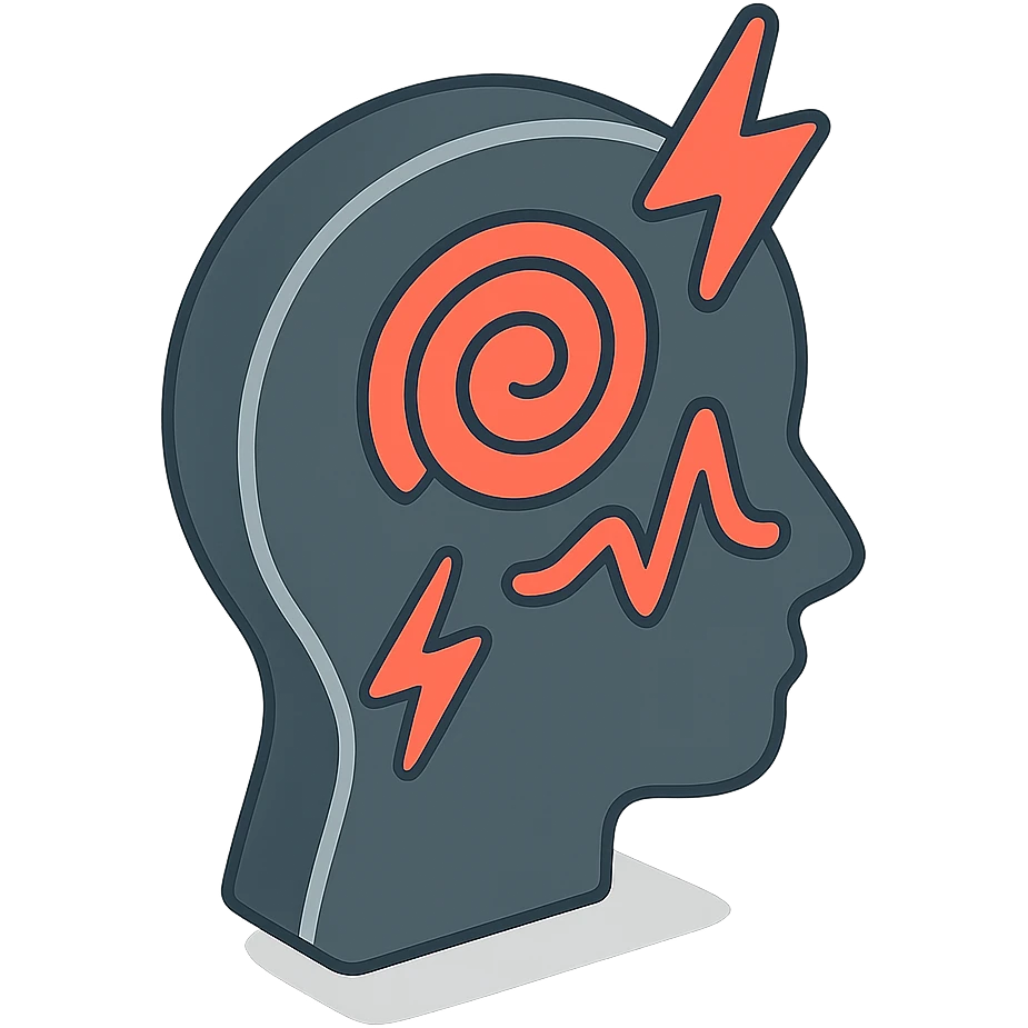 silhouette of a head or person with emphasis on the head area symbolizing headache, including pain icons such as lightning, pulse, red zone, or spiral, clear shadows and highlights, 2D isometric style emoji
