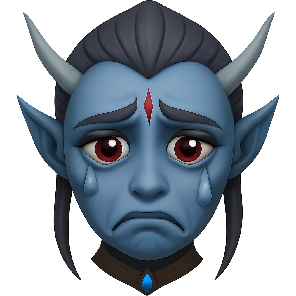 Make the sad face emoji styled as a dark elf (Dunmer) from Elder Scrolls look even sadder, with a more pronounced frown, teary eyes, and a more downcast expression. Keep the grayish-blue skin, red eyes, and pointed ears. Remove the background. The style should reflect a dark elf fantasy character with somber and emotional features. emoji