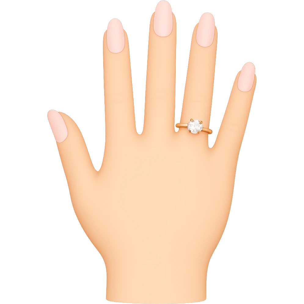 Edit the image to depict a woman's hand with 5 fingers, long light pink nails, and an engagement ring, in an emoji style with a transparent background. emoji