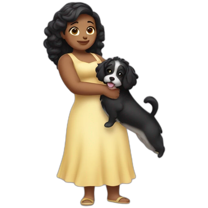 fat fair girl with  wavy black hairs holding dog in her arms emoji
