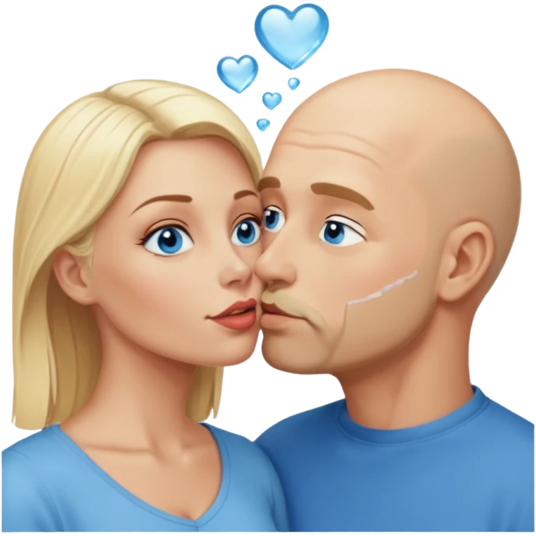 middle age bald man with salt and blonde scruff, blue eyes and blonde woman with blue eyes kissing each other emoji