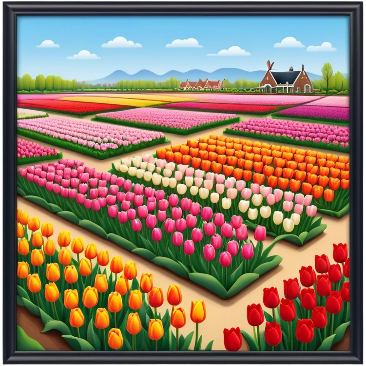 Cinematic Realistic Keukenhof Gardens Landmark Emoji, showcasing expansive tulip fields rendered with crisp, lifelike detail and radiant lighting. emoji