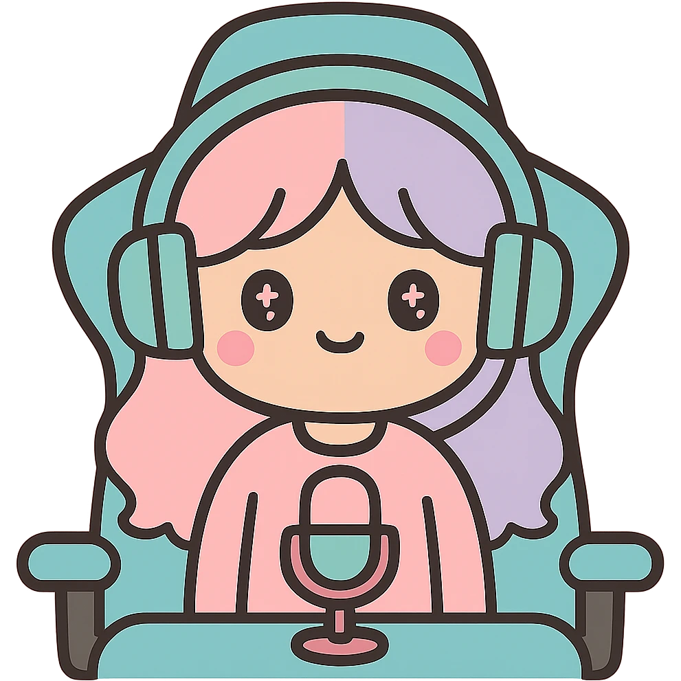 Add a gaming chair behind the streamer with headphones, keep the kawaii style, with no background. emoji