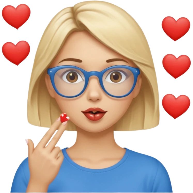 Asthectic Blonde women with brown eyes, blue glasses, waering a brown top, blowing a kiss with hearts around her. emoji