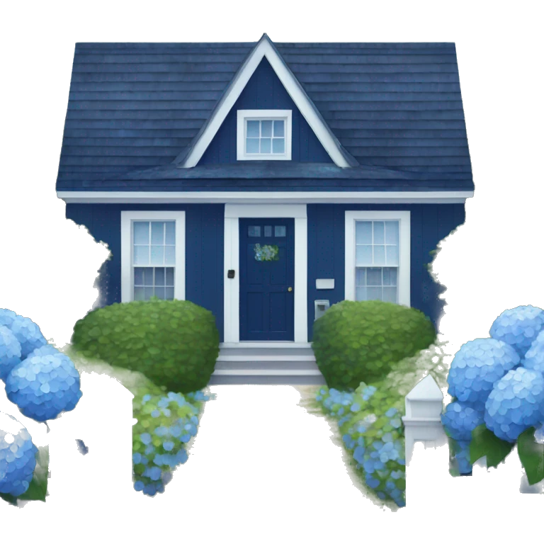 Navy blue shingle beach house with hydrangeas lining the drive way  emoji