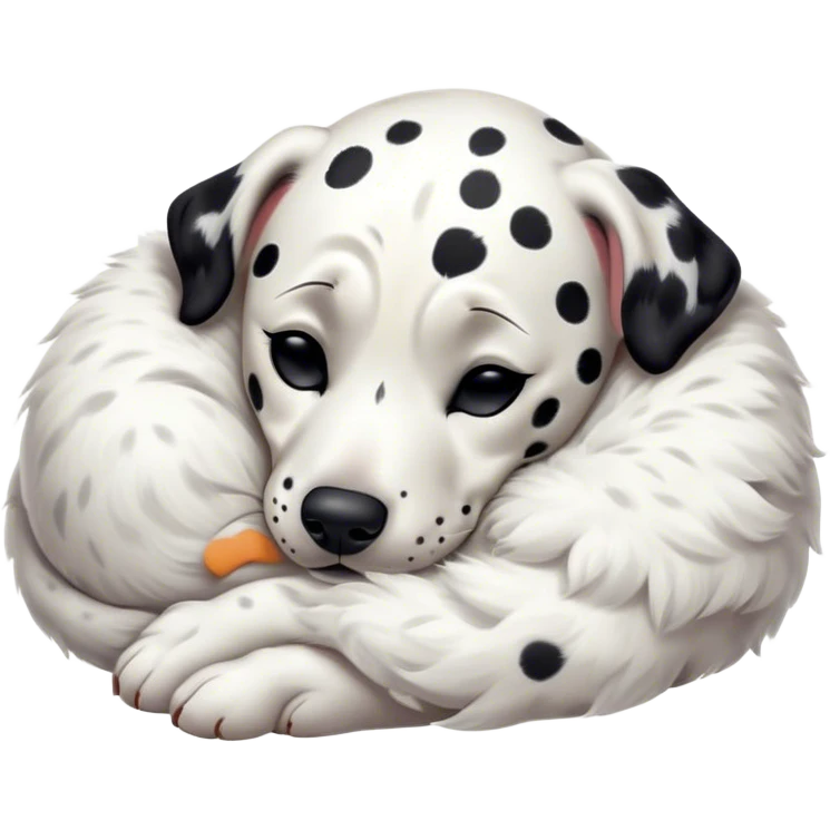 Meme-Worthy Cute Sleeping Spotted Dalmatian Portrait Emoji, Head resting peacefully with a contented smile, showcasing a delightfully majestic build and a luxuriously soft Fur of predominantly white with bold black patches, eyes shut in a serene nap, Simplified yet hilariously adorable features, highly detailed, glowing with a soft, drowsy light, high shine, relaxed and utterly lovable, stylized with an air of playful laziness, bright and heartwarming, soft glowing outline, capturing the essence of a comically sleepy guardian, so meme-worthy it feels like it could instantly become the next viral sensation of adorable slumber! emoji