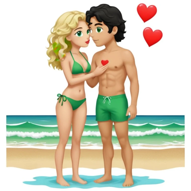 Blonde girl Green eyes wavy hair Green Bikini whole body Kissing man black Hair blue eyes Hearts in Body Background beach emoji