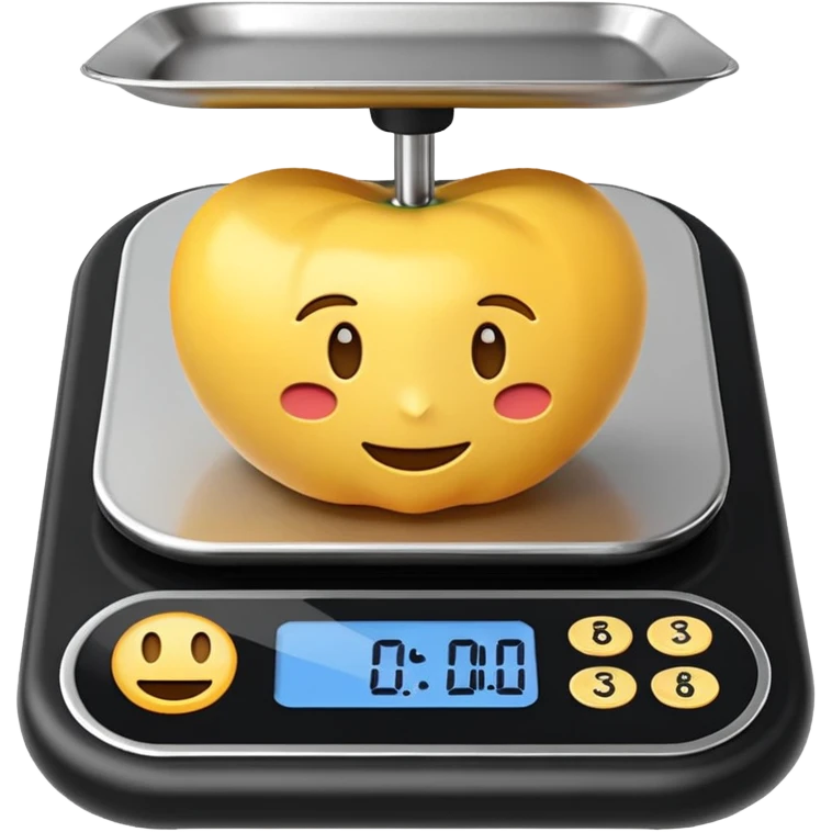 iOS-style 3D emoji: a small digital kitchen scale with a flat platform and an LCD screen displaying 0 g. emoji