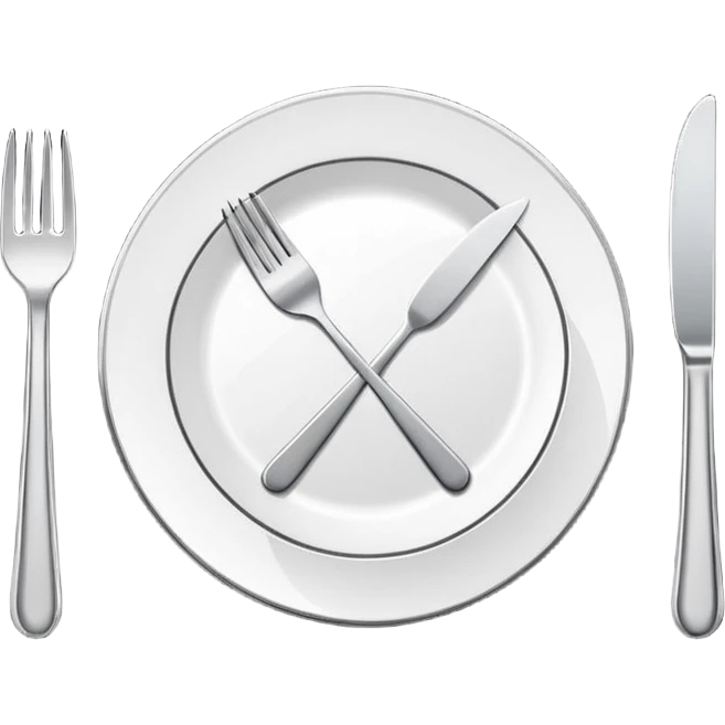 Minimalistic flat vector icon, iOS style, thin black contour on white background. Fork and knife crossed on a plate. Clean, no text, no shadows emoji