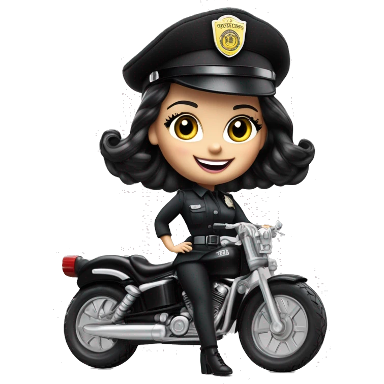 Bouclé Beauty Barbie, Wednesday Addams from academy, in vertically-striped dark-gray and black police officer’s uniform with small hat. Leaning back at the hips, riding a wheelie on a hot rod bike smiling  emoji