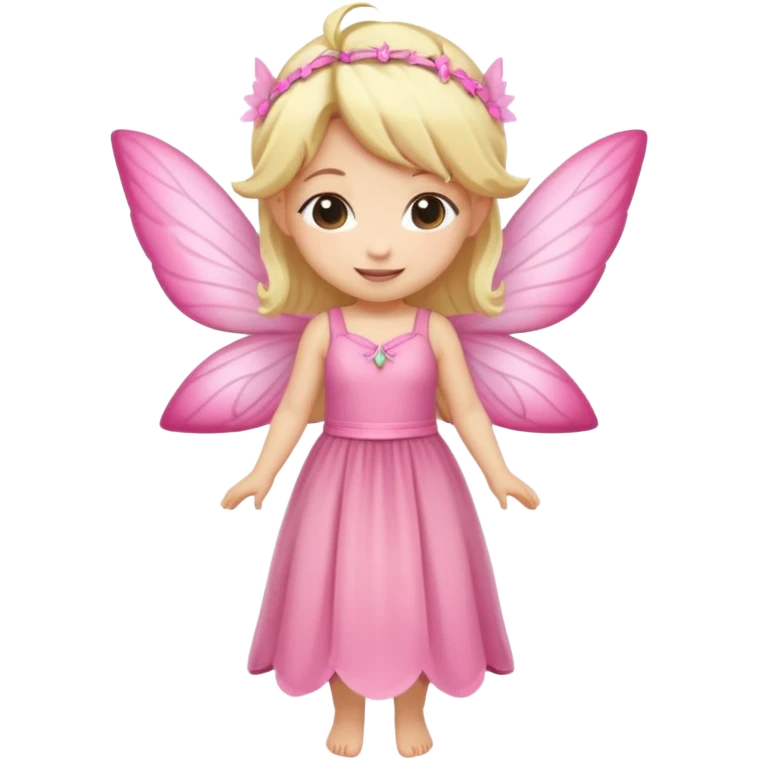 fairy with blonde hair, pink wings and long dress, happy, chibi full body emoji